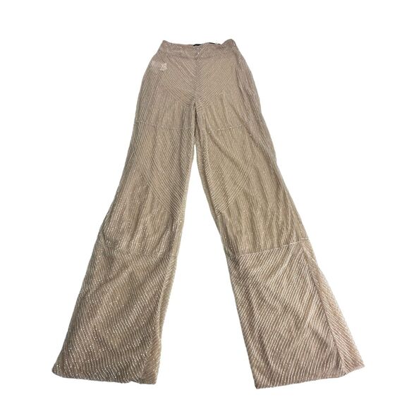 Pretty Little Thing Nude Bead Embellished Wide Leg Trouser Pants Size 6 - Picture 2 of 14